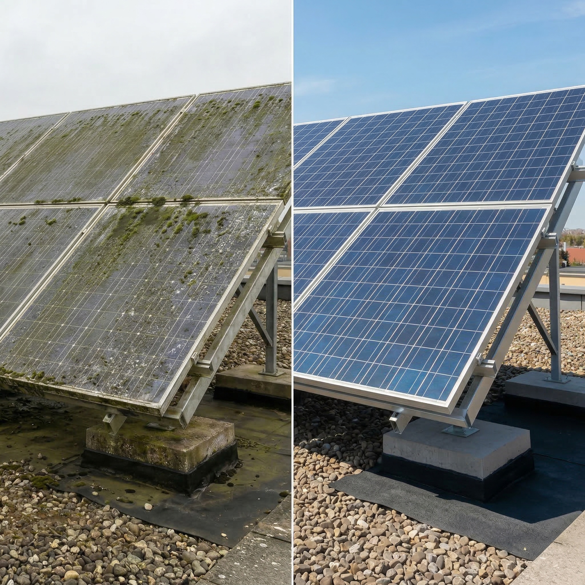 Mycie paneli fotowoltaicznych — efekt przed i po